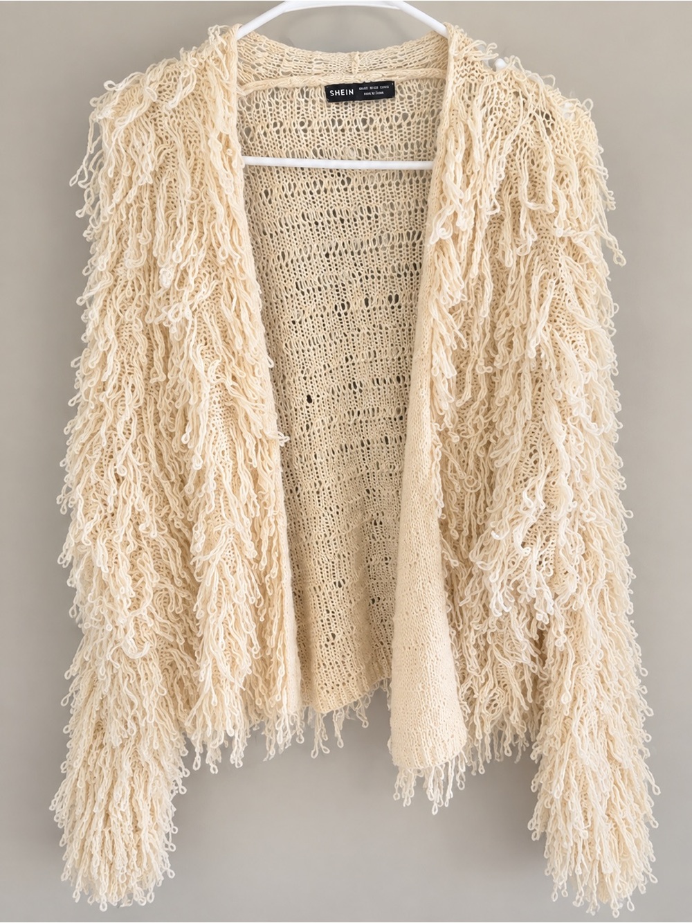 SHEIN Cream Loop Fringe Open Cardigan